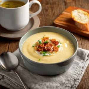 A bowl of creamy potato soup topped with crispy bacon, chopped chives, and shredded cheese, served on a rustic table with bread and a spoon.