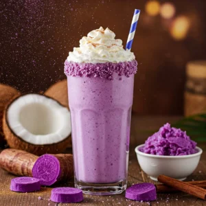 Creamy ube milkshake in a tall glass topped with whipped cream and purple yam crumbs, surrounded by fresh ingredients on a rustic wooden table.