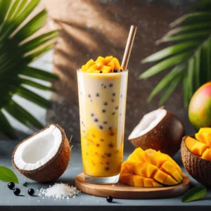 Glass of mango coconut bubble tea with tapioca pearls, fresh mango chunks, and coconut milk on a tropical-themed table