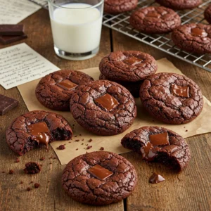 Close-up of gooey chocolate brownie cookies with crackled tops and melted chocolate chunks on a rustic table