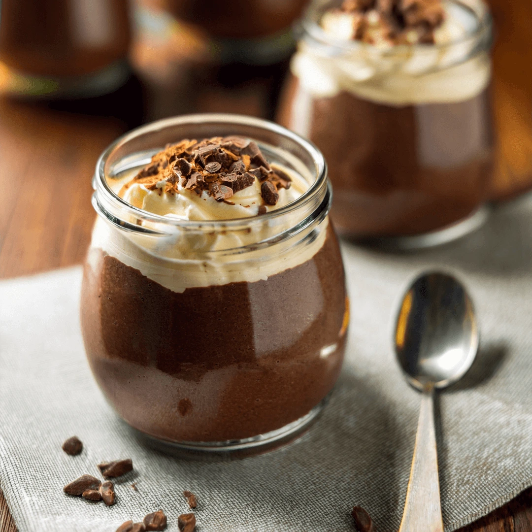 Airy Chocolate Mousse in Glass Jar with Skyr Topping and Dark Chocolate Shavings