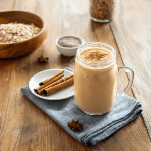 A tall glass of creamy cinnamon roll smoothie topped with cinnamon, served on a rustic wooden table with oats and cinnamon sticks beside it.