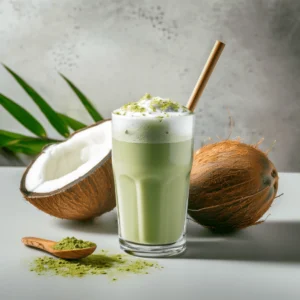 Coconut Matcha Frappe in a glass with coconut milk, matcha powder, and ice on a neutral background