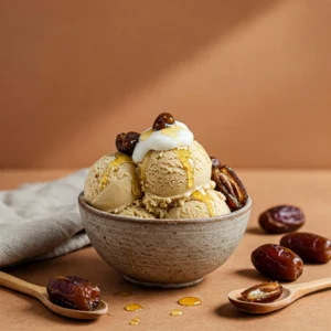 A bowl of creamy homemade date ice cream topped with honey drizzle and chopped dates on a rustic wooden surface.