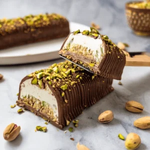 Vegan Dubai pistachio chocolate ice cream bar with kataifi base, white chocolate drizzle, and chopped pistachios
