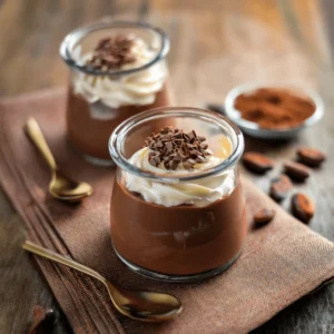 Glass jar filled with creamy Skyr chocolate mousse topped with chocolate shavings on a rustic wooden table