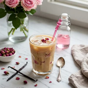 Rose Vanilla Iced Coffee in a glass with rose petals and vanilla